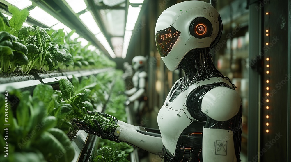 Poster futuristic vertical greenhouse filled smart robots actively managing crops highlighting automated pr