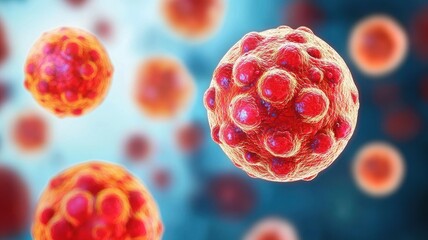 A detailed illustration of colorful, spherical cells, showcasing their structure and vibrant colors against a blurred, scientific background.