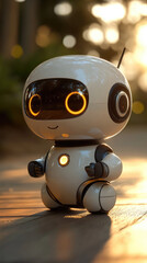 Adorable Futuristic Robot Toy with Glowing Eyes on Wooden Floor Outdoors