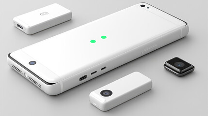 Modern White Tech Gadgets with Cameras and Charging Ports on Minimalist Background