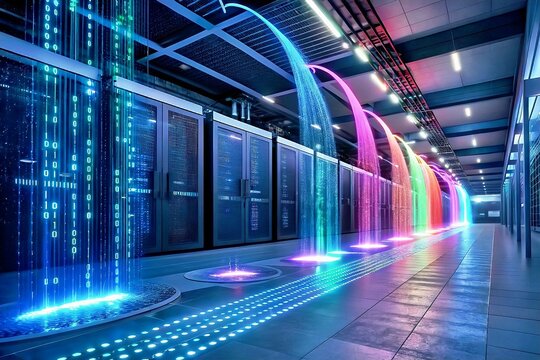 Data Stream Cascade: A mesmerizing visualization of data flow within a modern data center.  Vibrant, rainbow-colored streams of light cascade down.