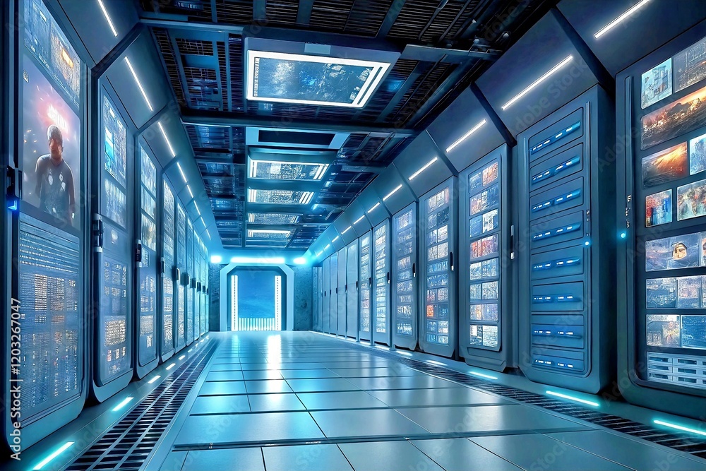 Poster data center corridor: futuristic server room interior with glowing blue lights, rows of advanced ser