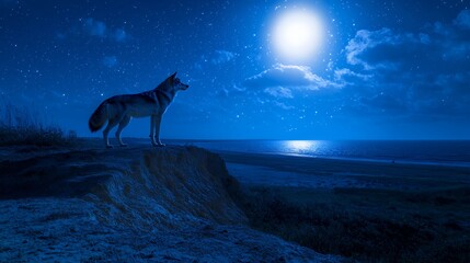 Lone Wolf Howling at the Moonlit Ocean