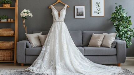Elegant Lace Wedding Dress Displayed on Sofa in Stylish Living Room