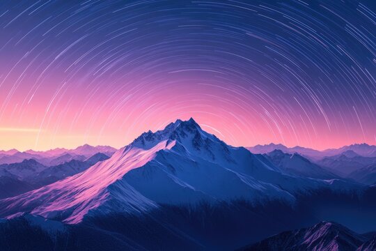 Majestic snow-capped mountain peak under a vibrant, star-trail filled night sky.