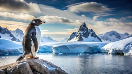 Penguin sitting on a rocky outcropping with snow-covered landscape in the background, cold climate, wildlife,  cold climate