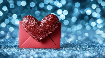 Fototapeta premium Red heart in envelope, blue bokeh background, Valentine's Day theme