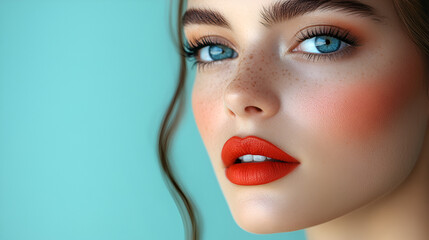 a women face with bold make up isolated on blue background ai 