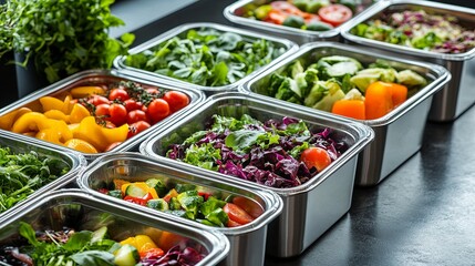 A set of stainless steel meal prep containers with colorful salads inside