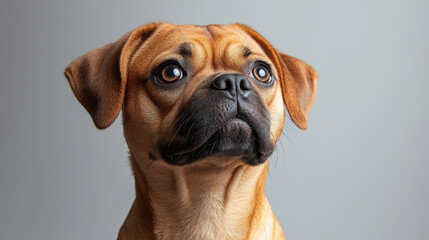 Obraz premium chubby dog with shiny collar sits attentively, showcasing its expressive eyes and soft fur. This adorable pet exudes sense of curiosity and warmth