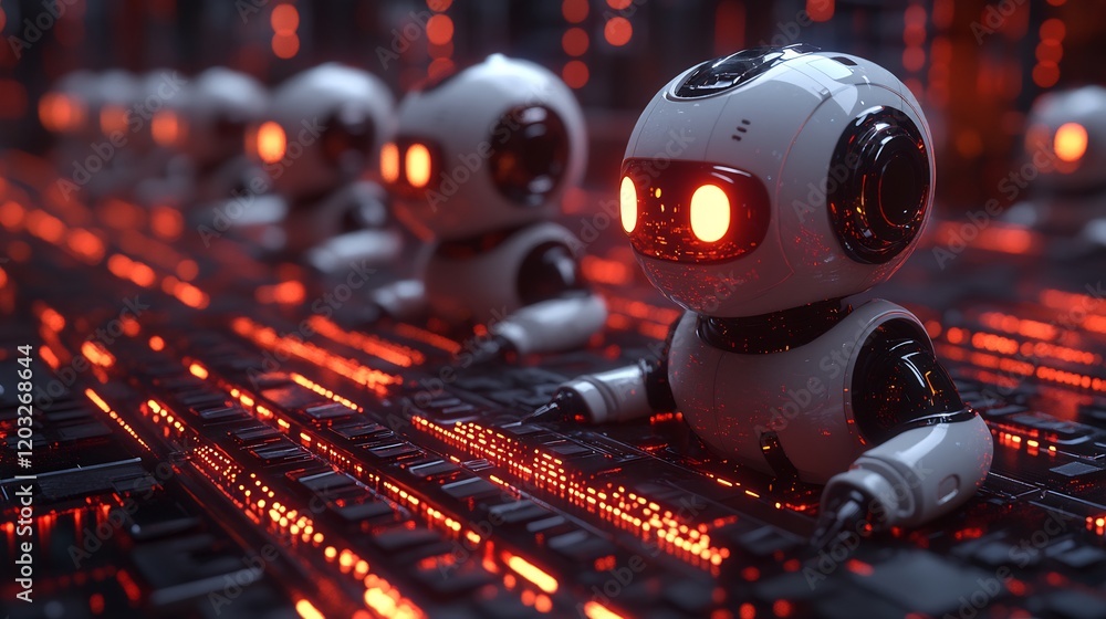 Fototapete group of ai chatbots communicating in a vibrant digital space each bot typing on virtual keyboards s