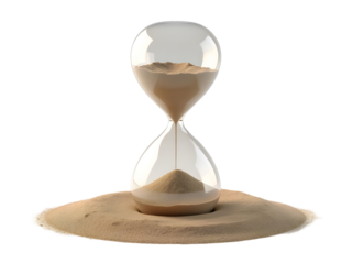 Hourglass with flowing sand isolated on transparent background. Cut out