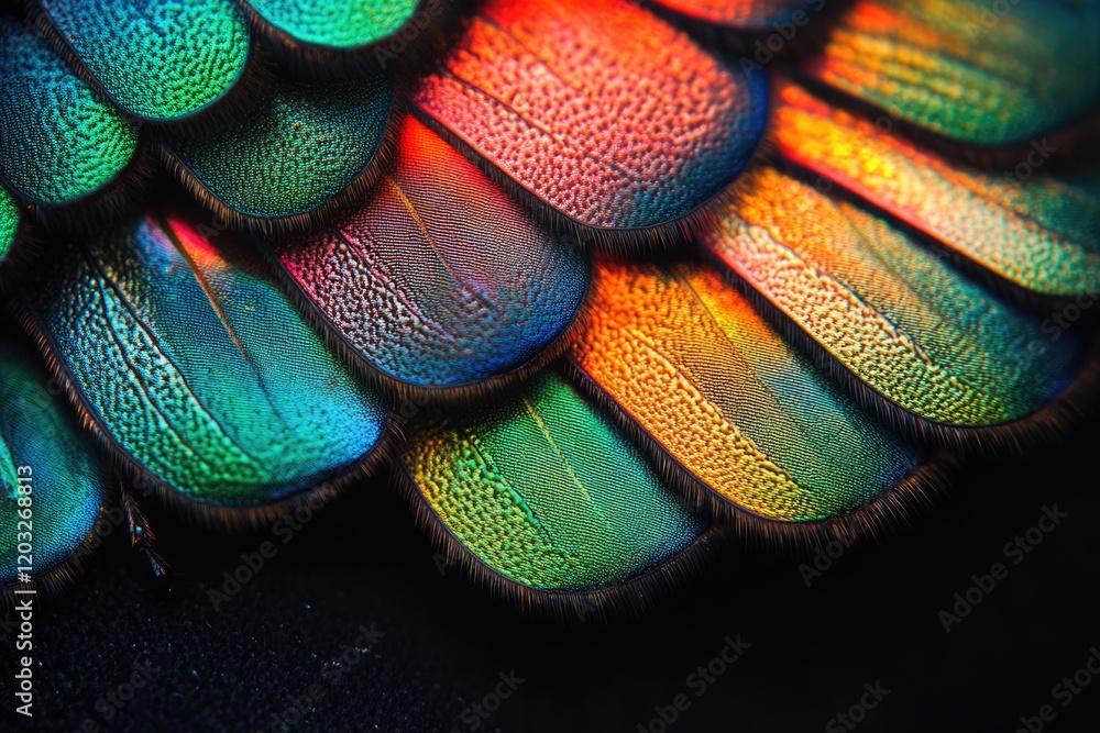 Poster Vibrant iridescent bird feathers, showcasing a stunning array of colors and textures in close-up detail.