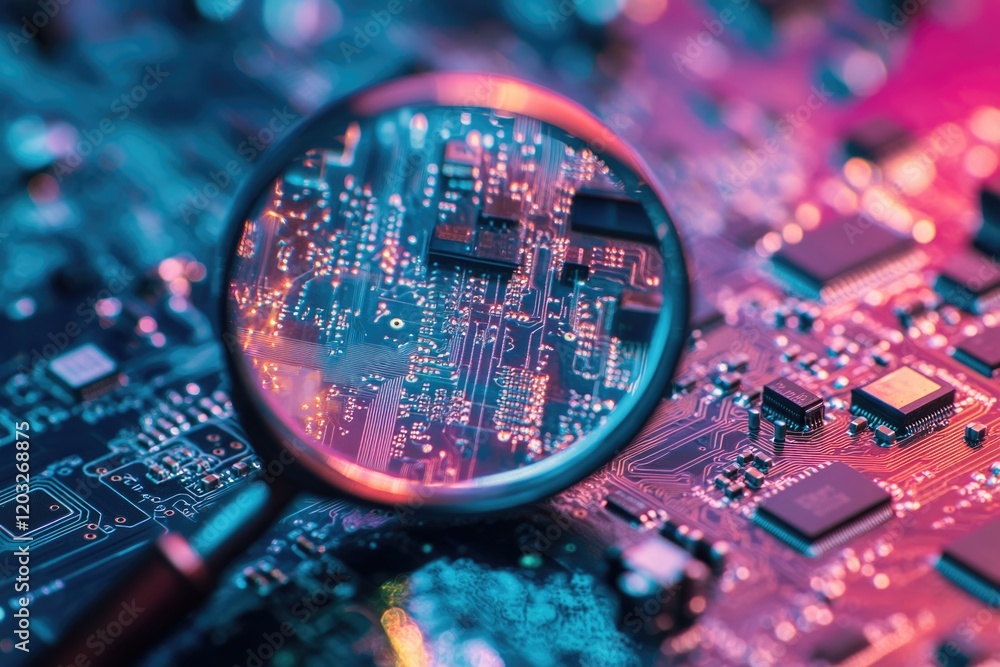 Aufkleber a magnifying glass reveals intricate details of a circuit board's complex electronic components and 