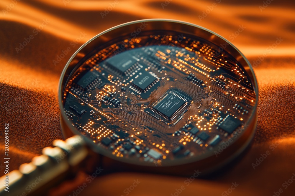 Poster a magnifying glass reveals the intricate details of a circuit board, showcasing its complex electron