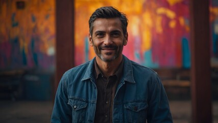 Fototapeta premium A portrait of a person standing tall with a slight smile, eyes shining with accomplishment, set against a vibrant background that radiates energy.
