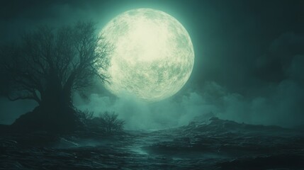 Fototapeta premium On a moonlit night, the ancient trees are shrouded in dim moonlight