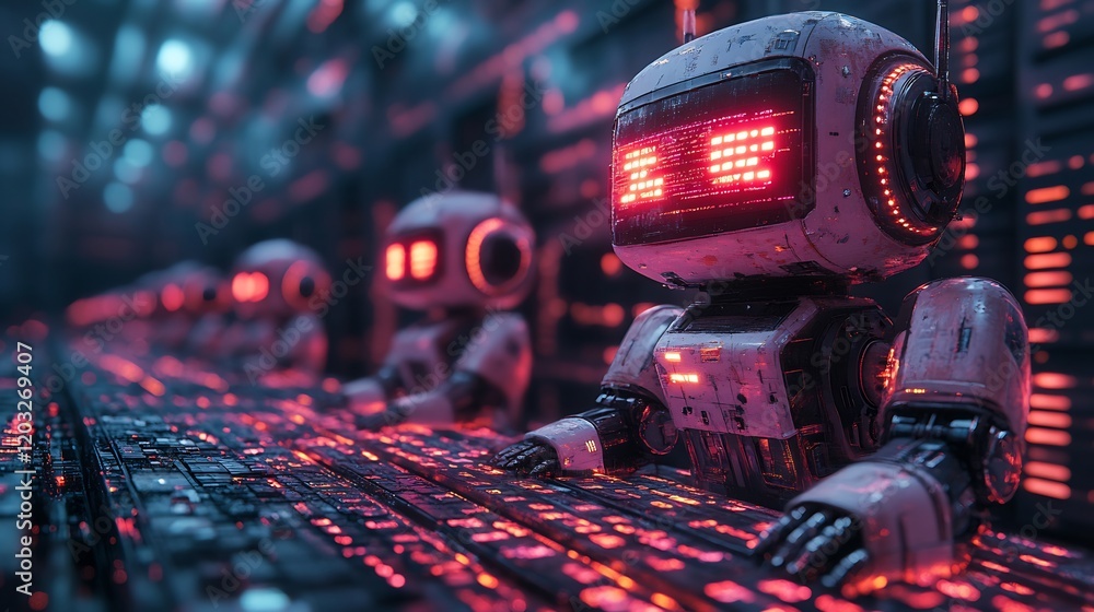 Fototapete group of ai chatbots communicating in a vibrant digital space each bot typing on virtual keyboards s