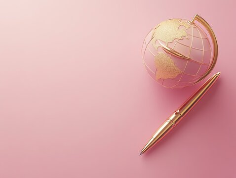 Elegant Rose Gold Globe and Pen: A Minimalist Desk Scene