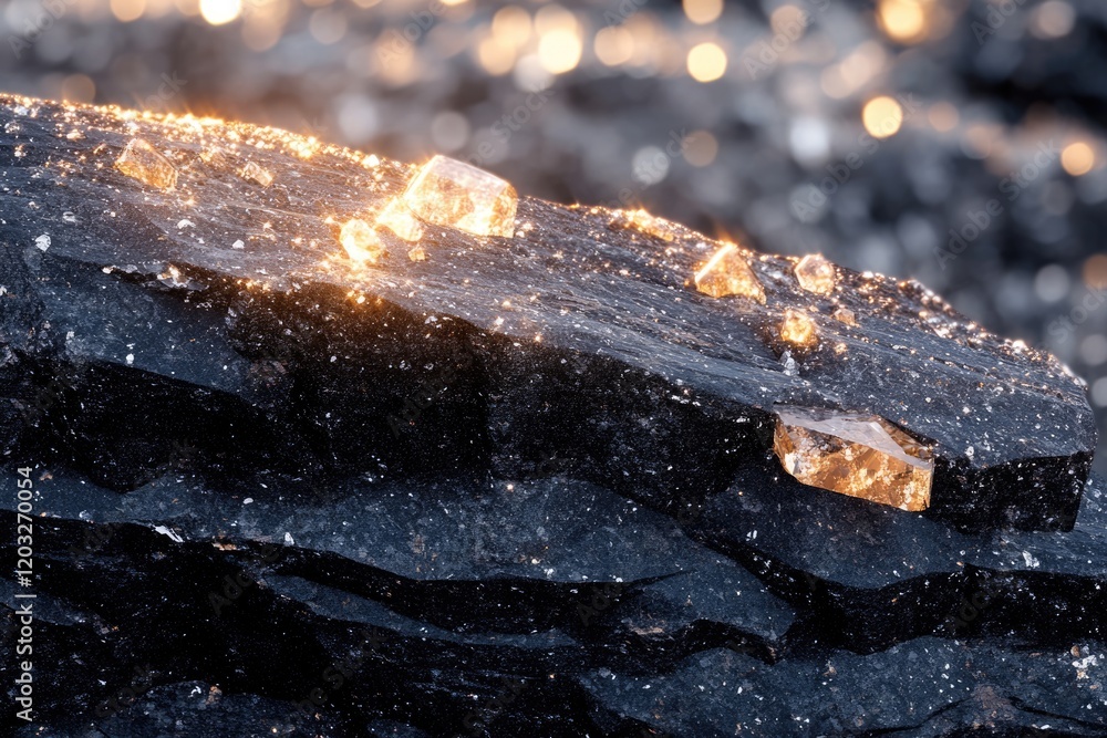 Leinwandbilder glowing crystals embedded in dark rock, illuminated by sunlight, creating a mesmerizing scene.