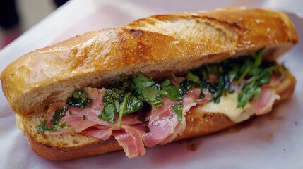 A fresh baguette sandwich filled with ham, cheese, and crisp green
