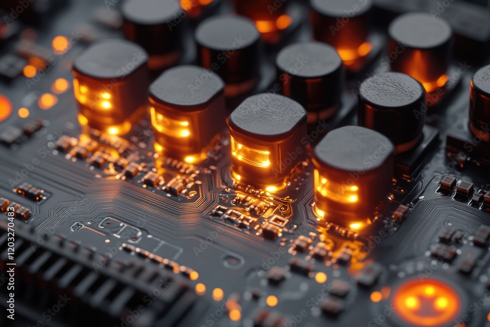 Fototapete close-up of illuminated components on a circuit board, showcasing intricate electronic circuitry.