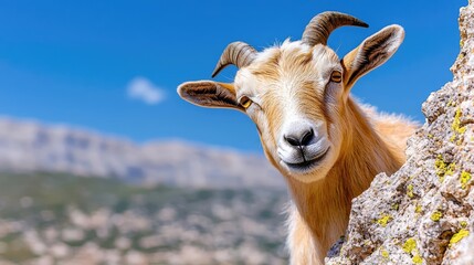 Obraz premium Curious goat peeking from rocks, mountain backdrop; nature, wildlife photography for websites, blogs