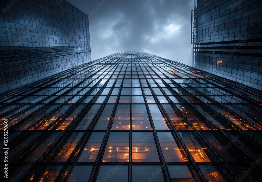 Poster a dramatic perspective of tall modern skyscrapers under brooding dark clouds with illuminated window