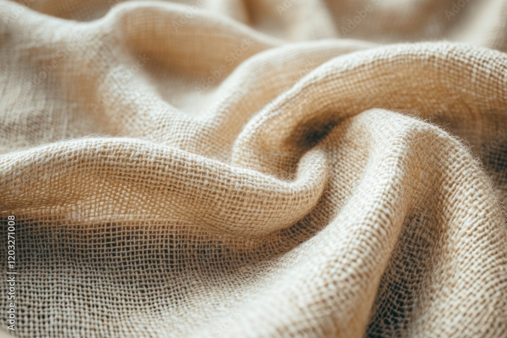 Aufkleber close-up view of textured, beige burlap fabric with soft folds and wrinkles.