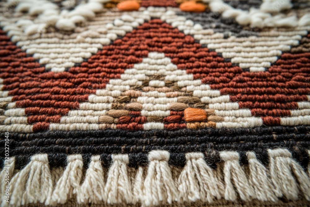 Poster Close-up of a textured woven rug with geometric patterns in earthy tones and a fringed edge.
