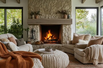 A cozy family room with a stone fireplace, oversized armchairs, and layered textiles in calming colors