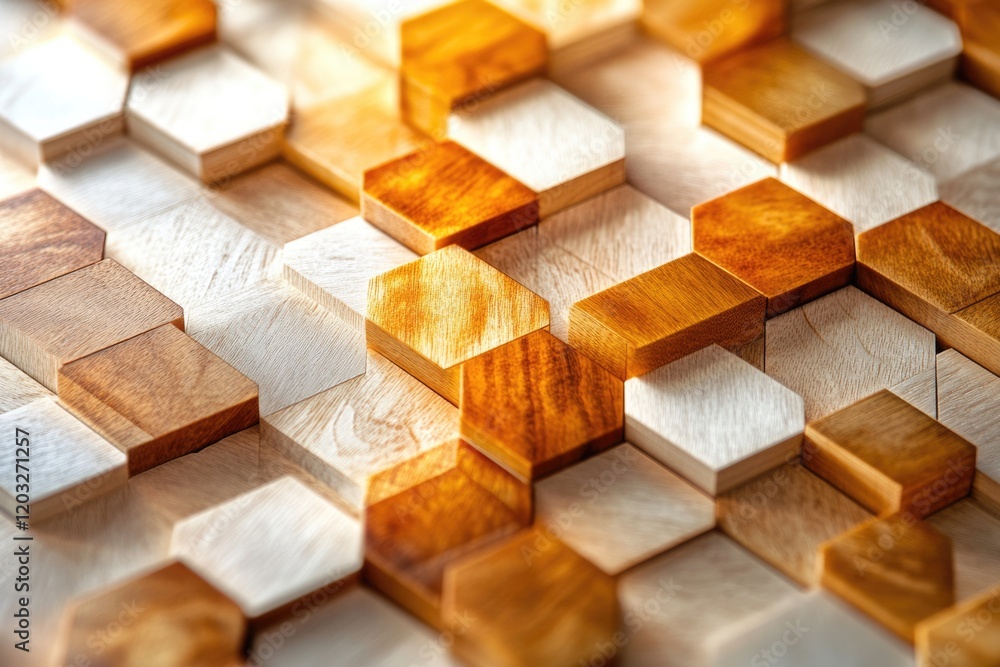 Aufkleber abstract geometric pattern of hexagonal wooden blocks in light and dark brown shades.