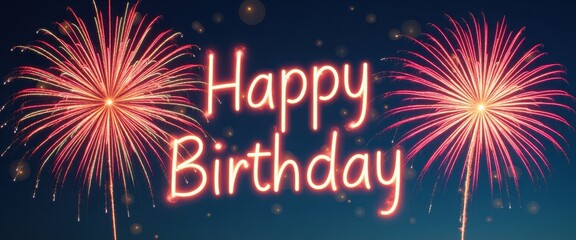 Happy Birthday surrounded by fireworks exploding in vibrant colors across a night sky.