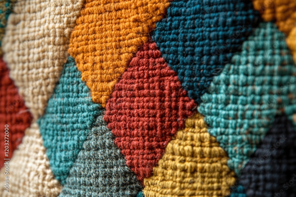 Poster close-up view of a colorful, textured fabric with a geometric pattern, showcasing intricate weaving.