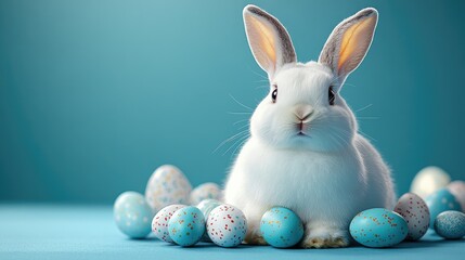 Fototapeta premium Adorable White Bunny Among Pastel Easter Eggs on Bright Turquoise Background