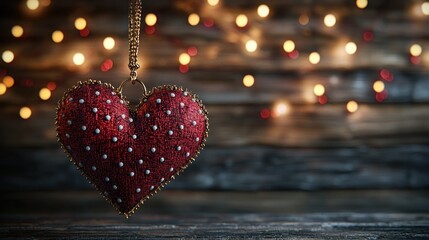Red heart ornament hanging, rustic wood, bokeh lights background