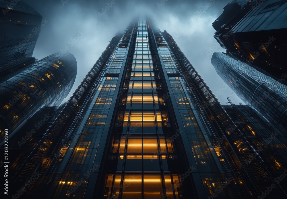 Poster dramatic urban skyscraper view shrouded in mist with illuminated windows highlighting modern archite