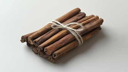 A small pile of cinnamon sticks tied with twine, resting on a light background