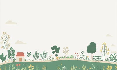A whimsical illustration of a countryside landscape featuring a house, trees, and various plants under a light sky.