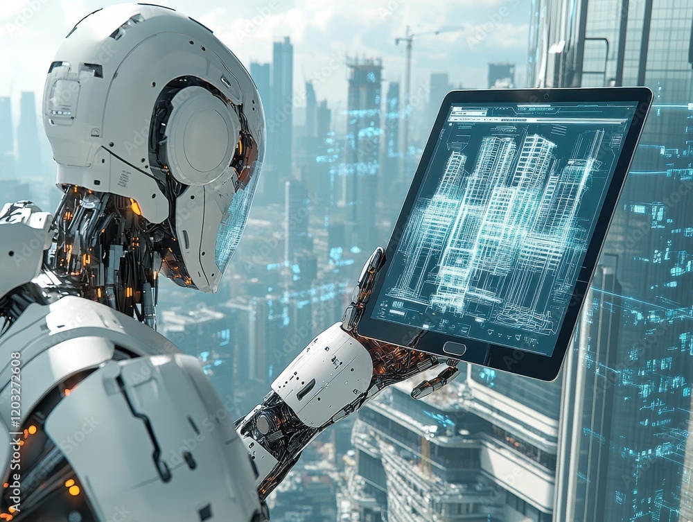 Poster futuristic robot analyzing data on digital tablet in high-tech cityscape, merging technology and arc