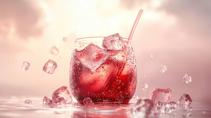 A creative presentation of a soda-filled glass jar with a straw, unique liquid swirls inside the drink, floating ice cubes catching light reflections