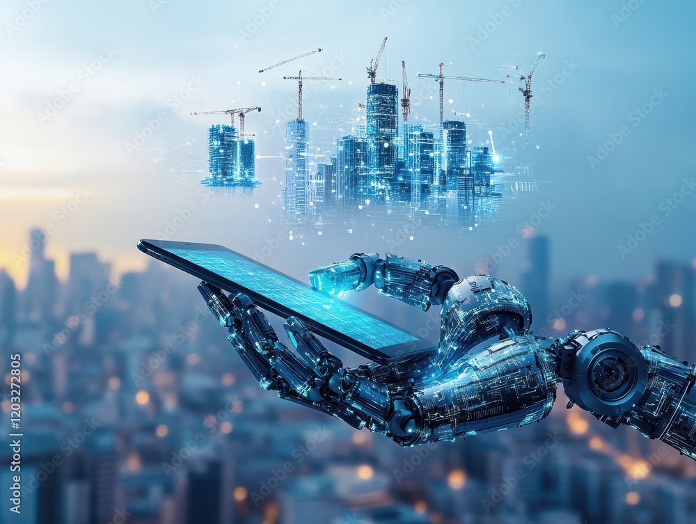 Poster futuristic robot with digital tablet overseeing smart city construction, visualizing data and techno