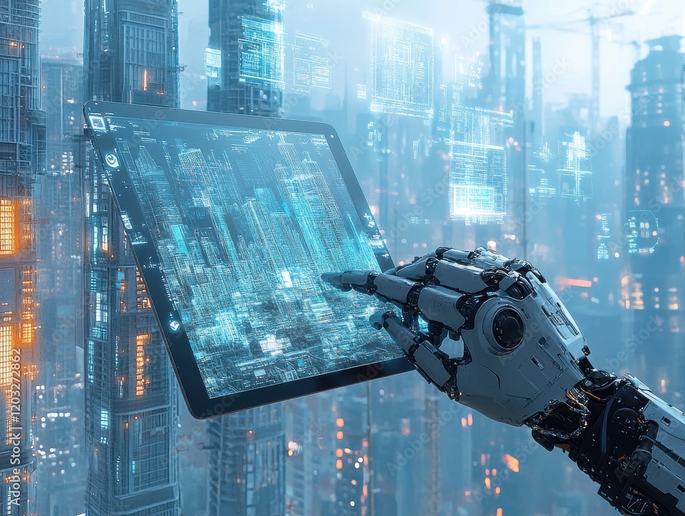 Poster futuristic robot hand interacting with digital tablet in a high-tech cityscape environment with neon