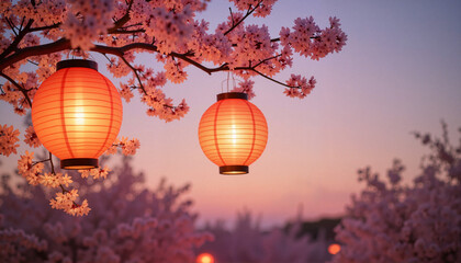 Fototapeta premium Glowing lanterns hanging from cherry blossom branches at dusk, tranquility
