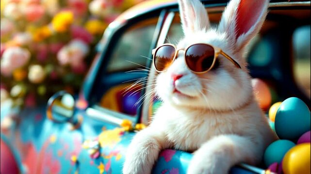 Cute Easter Bunny with sunglasses looking out of a car filed with easter eggs