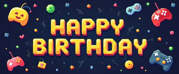 Happy Birthday written in bold, pixelated font surrounded by gaming icons.