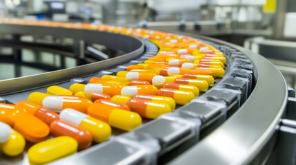 Pills in various colors moving along conveyor belt in pharmaceutical factory, showcasing production process of medication. scene reflects efficiency and precision in manufacturing