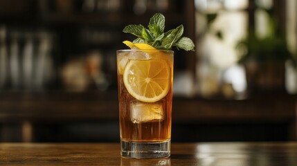 A tall glass of iced tea with lemon slices and a sprig of fresh mint