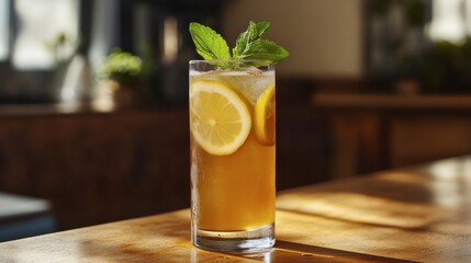 A tall glass of iced tea with lemon slices and a sprig of fresh mint