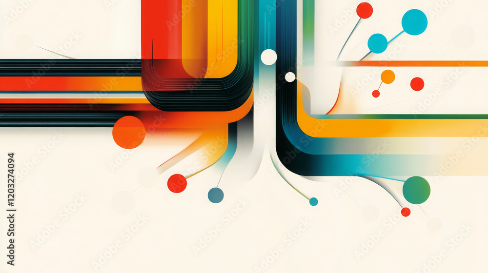 Poster dynamic abstract illustration featuring colorful lines and shapes, showcasing blend of vibrant color
